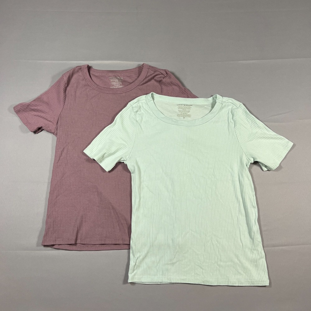 Set Of 2 Lucky Brand T Shirt Womens Medium Multicolor Cotton Stretch Ribbed Knit